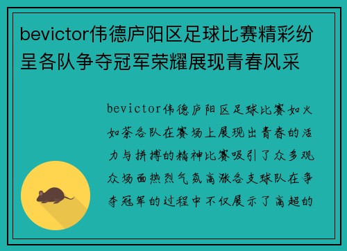 bevictor伟德庐阳区足球比赛精彩纷呈各队争夺冠军荣耀展现青春风采